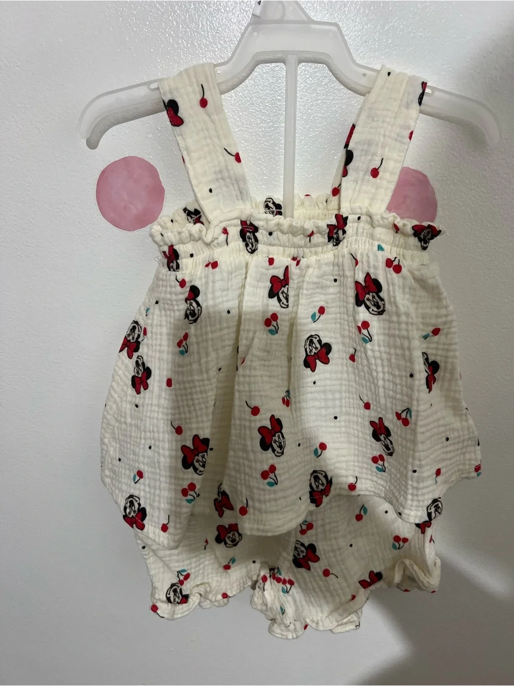 Disney Cream Baby Romper with Red and Black Minnie Faces and Teal Accents
